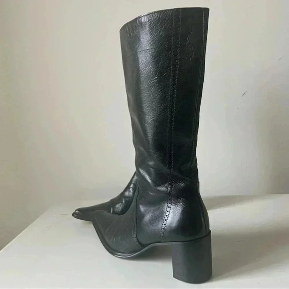 LEATHER BELOW KNEE BLACK HEELED BOOTS ZIPPER CLOSURE BLOCK  HEELS  SIZE 36 - Picture 4 of 12